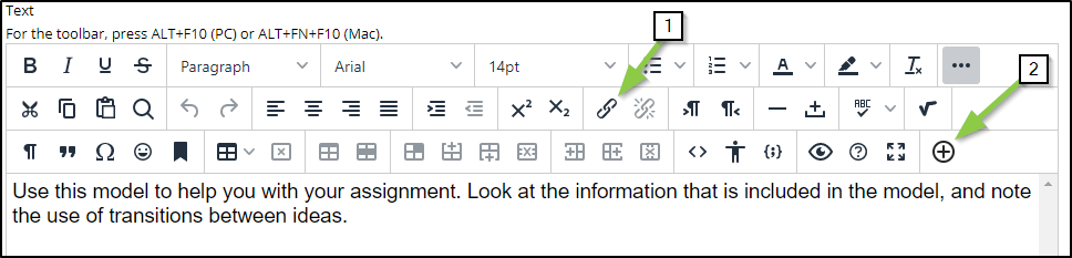 the rich text editor of the text box with arrows pointing to the hyperlink button and the plus icon which allows media to be added